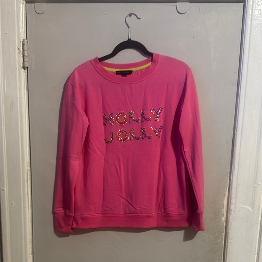 Striking Pink Crew Neck Sweater with Shimmery Front
